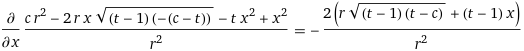 d/dx((c r^2 - 2 r x sqrt((t - 1) (-(c - t))) - t x^2 + x^2)/r^2) = -(2 (r sqrt((t - 1) (t - c)) + (t - 1) x))/r^2